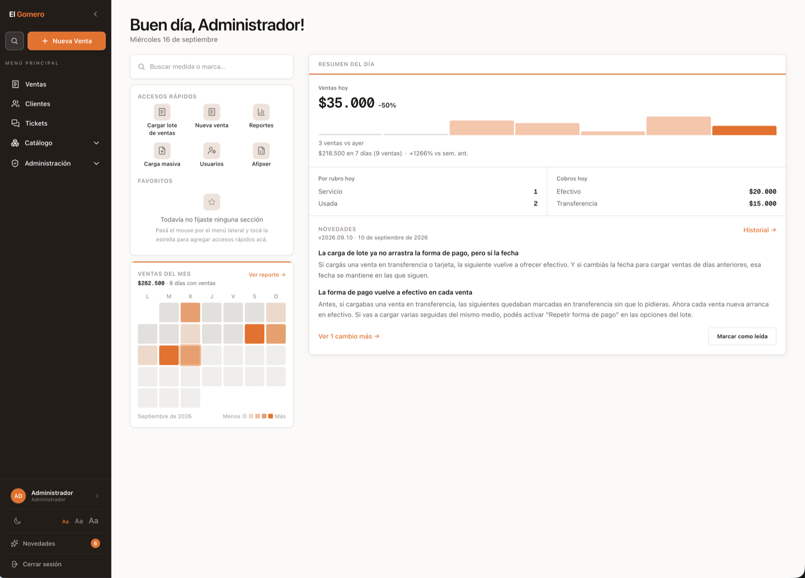 El Gomero dashboard showing daily sales, critical stock alerts, and top-selling tire sizes