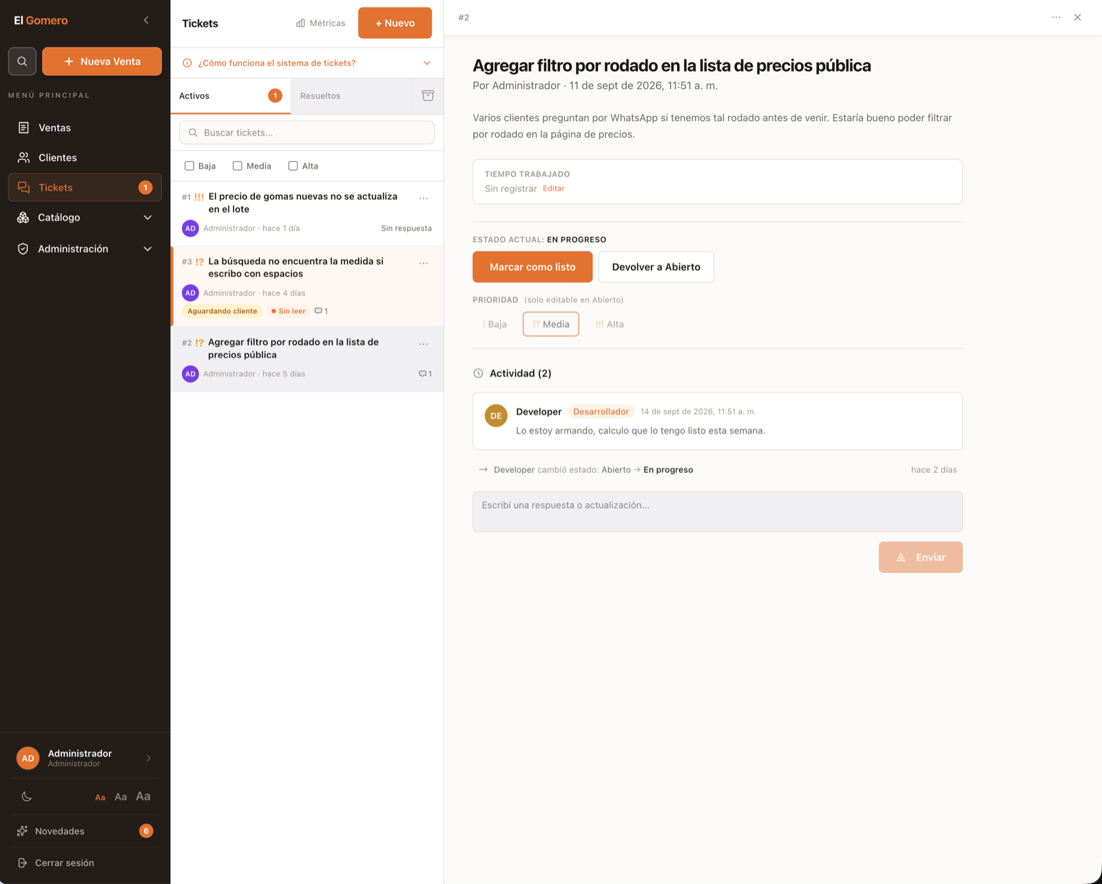 El Gomero ticketing system with an owner-reported request and a developer response